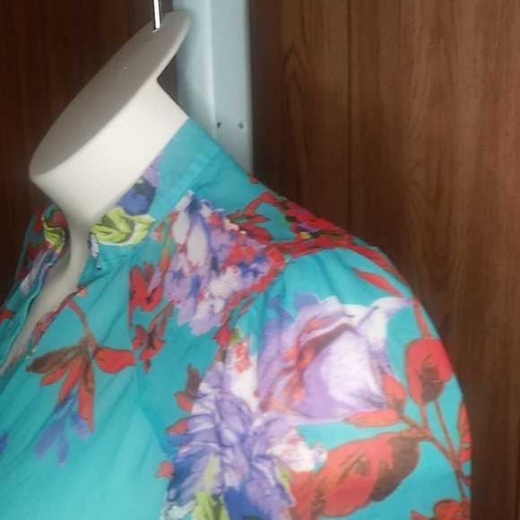 Dots Floral Blue Sheer Chiffon Shirt with Lace 1X - Picture 6 of 8